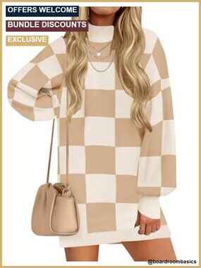 Oversized Knit Mini Sweater Dress Long Sleeve Mock Neck Fall Winter